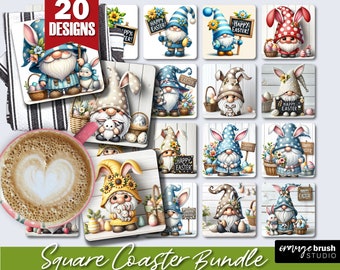 Easter Gnome Square Coaster Sublimation Bundle. Easter Coasters Sublimation, Spring Easter Bunny Gnome 20 PNG Bundle, Digital Download