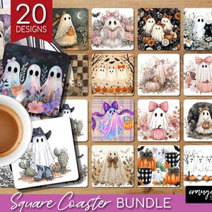 Halloween Ghost Coaster PNG Bundle, Cute Spooky Ghost Sublimation For Square Coasters, Fall Vintage Checkered Iridescent, Digital Download