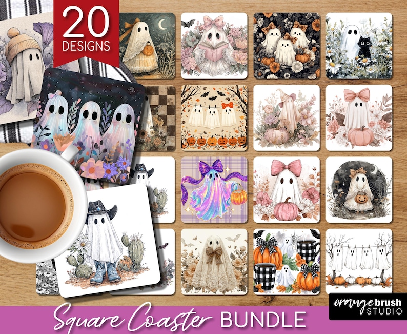 Halloween Ghost Coaster PNG Bundle, Cute Spooky Ghost Sublimation For Square Coasters, Fall Vintage Checkered Iridescent, Digital Download