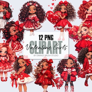 Valentine Girls PNG Bundle, Valentine&#39;s Day Chibi Clipart. Cute Valentine Girl PNG for Stickers, Sublimation, Crafts - Digital Download