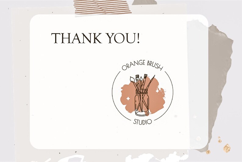 Pu&ograve; includere: Biglietto di ringraziamento con un logo di pennelli in un barattolo con uno schizzo di acquerello marrone e il testo "Orange Brush Studio".