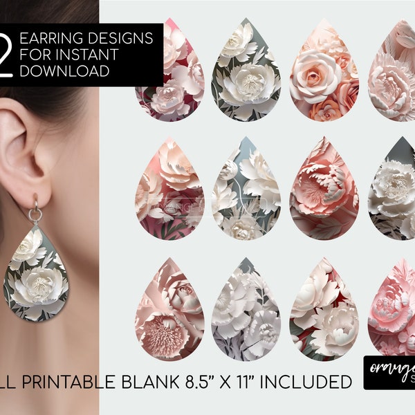 3D Tear Drop Earrings Bundle, Sublimation Designs, 3d Flowers Earring Bundle, Teardrop Earring Earring Blanks - Designs Digital Download