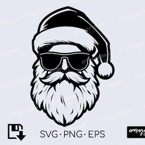 Cool Santa Face in Sunglasses SVG File para Cricut. Design de cabeça de Papai Noel de Natal, Papai Noel Svg, Png, Dxf - Download digital
