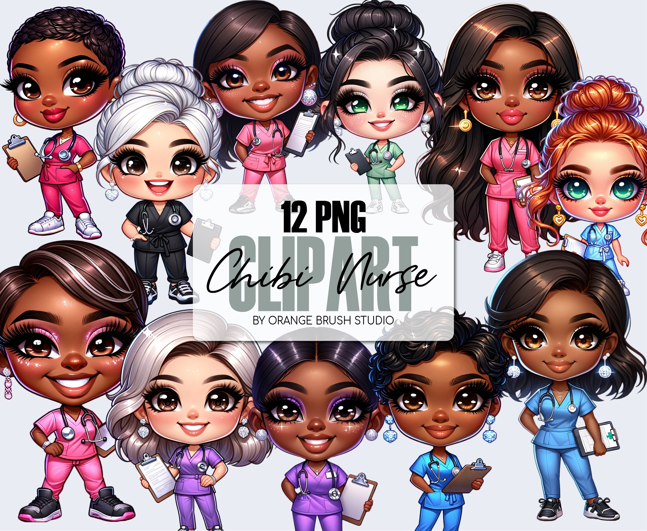 Chibi Nurse Clipart Bundle - Chibi Girl Clipart, Nurse Digital Clipart, Chibi Doll PNG for Stickers, Sublimation, Crafts - Digital Download