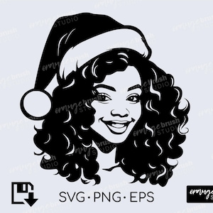 Kerst zwarte vrouw SVG, melanine meisje in kerstmuts Cricut-bestand. Merry Black Christmas Svg, Png Dxf, commercieel gebruik - digitale download