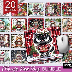 Peut inclure: Ensemble de 20 tapis de souris sur le thème de Noël, avec des chats. Chaque tapis présente une illustration de chat différente, vêtue de tenues festives, comme des pulls, des bonnets de Père Noël et des bois de rennes, dans des décors de fêtes.