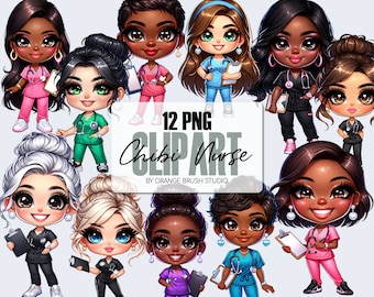 Pacote de clipart de enfermeira Chibi - Clipart de boneca Chibi PNG, perfeito para adesivos, artesanato e projetos de sublimação - download digital instantâneo