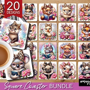 Reading Animals Coaster PNG Bundle, Cute Animals Square Coaster Sublimation, Reading Book Lover PNG Bundle for Crafts - Digital Download