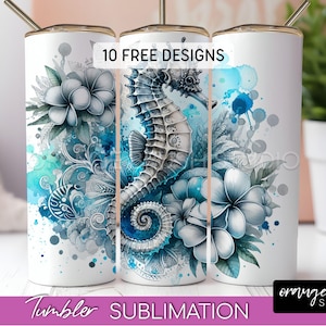May include: Three white sublimation tumblers with a blue watercolor background featuring a seahorse and tropical flowers. The text "10 FREE DESIGNS" is printed on the tumblers.