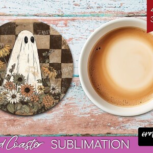 Ghost Halloween Coaster PNG Bundle, Cute Spooky Ghost Round Coaster Sublimation, Trendy Fall Vintage Checkered Iridescent - Digital Download