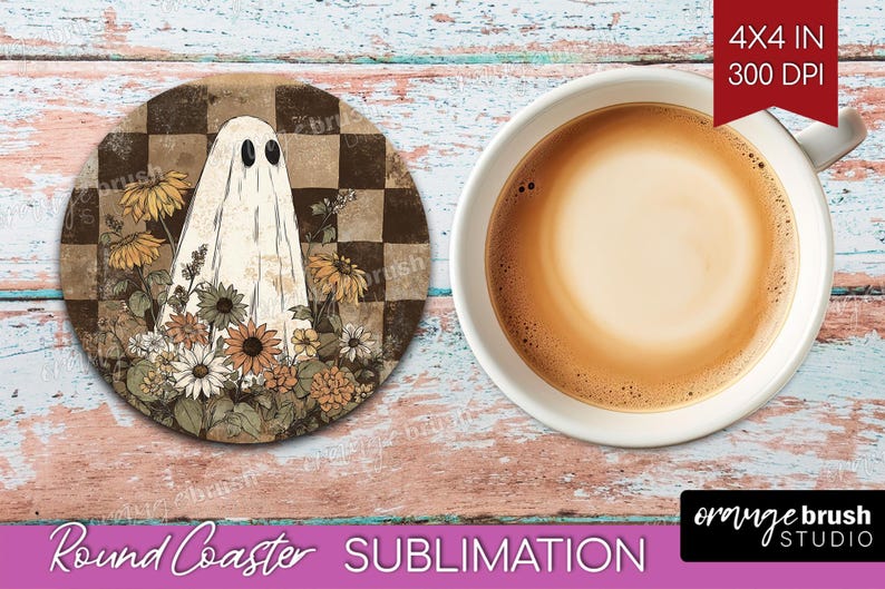 Ghost Halloween Coaster PNG Bundle, Cute Spooky Ghost Round Coaster Sublimation, Trendy Fall Vintage Checkered Iridescent - Digital Download
