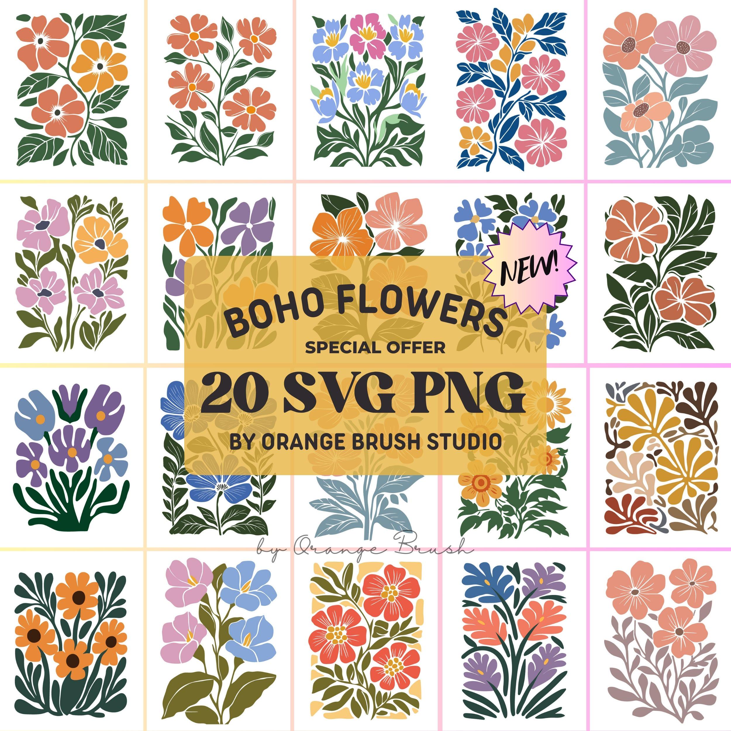 Abstract Flowers SVG Bundle, Retro Flower Designs, Boho Floral SVG PNG Groovy Flower Clipart Set for Cricut and Sublimation Digital Download