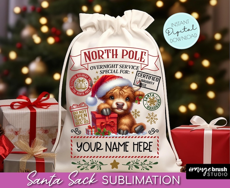 Santa Sack Sublimation Design, Cute Highland Cow Gift Bag PNG File