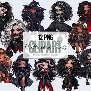 Halloween Girl Clipart, Chibi Dolls Clipart Bundle - Witch Goth Vampire, 12 PNG for Planner Stickers, Sublimation, Crafts - Digital Download