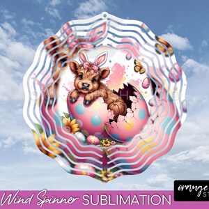 Easter Wind Spinner Sublimation. Highland Cow Wind Spinner Template. Cute Baby Cow PNG Spring Design for Garden Crafts - Digital Download