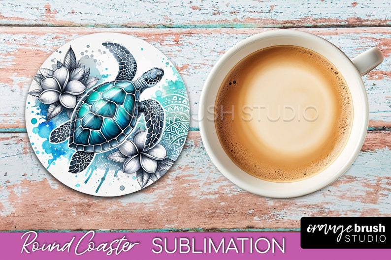 May include: A round coaster with a sublimation design of a blue and green sea turtle swimming in a watercolor background with white flowers. The coaster is on a wooden surface.