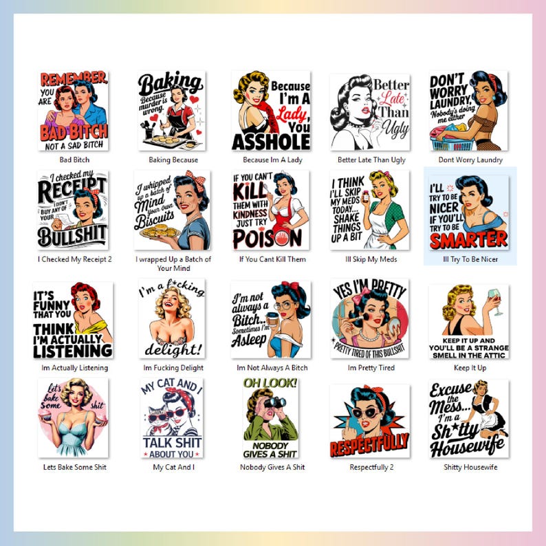Sassy Retro Housewife PNG Bundle, 20 Funny Shirt Designs, 1950s Sarcastic Housewife, Vintage Sarcastic PNG Adult Humor - Digital Download