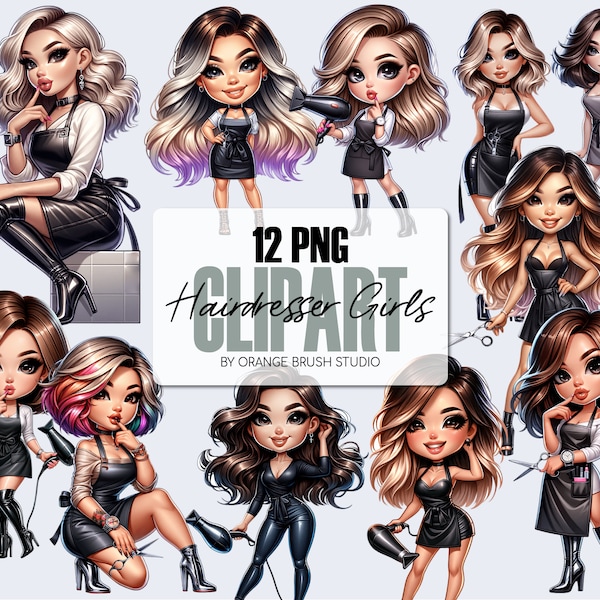 Hairdresser Clipart Bundle - Chibi Girl Digital Clipart, Hair Salon Clipart PNG for Stickers, Crafts and Sublimation - Digital Download