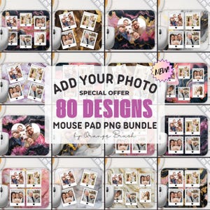 Può includere: Un set di 80 design per tappetini per mouse con vari sfondi in marmo e astratti con una sovrapposizione di cornice per foto Polaroid. Il testo "ADD YOUR PHOTO" e "SPECIAL OFFER 80 DESIGNS MOUSE PAD PNG BUNDLE by Orange Brush" è visualizzato sull'immagine.