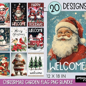 May include: A set of 20 digital designs for Christmas garden flags. The designs feature various Christmas themes, including Santa Claus, snowmen, reindeer, and Christmas trees. The flags are 12 inches by 18 inches.