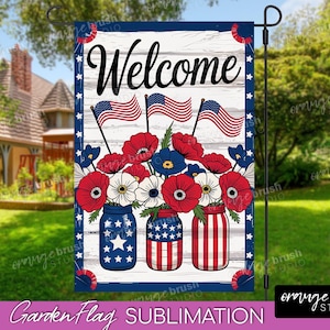 Bandiera da giardino del 4 luglio, stampata a sublimazione, design PNG per il Giorno dell'Indipendenza. Bandiera americana da giardino, cartello di benvenuto patriottico in formato PNG 30x45 cm - Download digitale