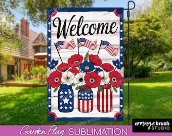Bandiera da giardino del 4 luglio, stampata a sublimazione, design PNG per il Giorno dell'Indipendenza. Bandiera americana da giardino, cartello di benvenuto patriottico in formato PNG 30x45 cm - Download digitale