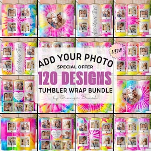 May include: A digital download of 120 tie-dye tumbler wrap designs. The designs feature a variety of colors and patterns, including pink, blue, yellow, and green. The designs are perfect for adding a personal touch to your tumblers.  Add Your Photo, Special Offer, 120 Designs, Tumbler Wrap Bundle, by Orange Brush.