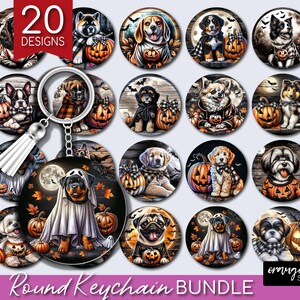 May include: A round keychain bundle with 20 Halloween dog designs. Each design features a different dog breed in costumes or with pumpkins. The keychain has a silver ring and a white tassel. The text "20 DESIGNS" is in a red box.