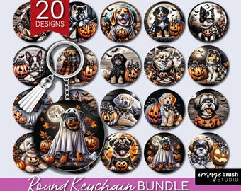 Pacote de chaveiros de cachorro de Halloween em PNG, chaveiros com 20 raças de cães para sublimação. Filhote de cachorro fofo de outono com chaveiros de abóbora para a mãe do cachorro, download digital