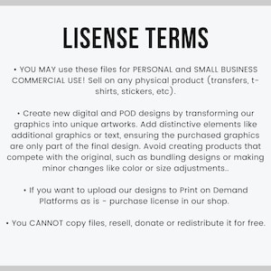 May include: A white background with black text detailing license terms. The text includes information on personal and small business commercial use, creating new designs, and restrictions on copying or reselling files.