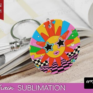 Groovy Summer Keychain Sublimation Bundle. Retro Summer Vibes Keyring, 20 Round Hippie Smiley Flowers Keychain Designs - Digital Download