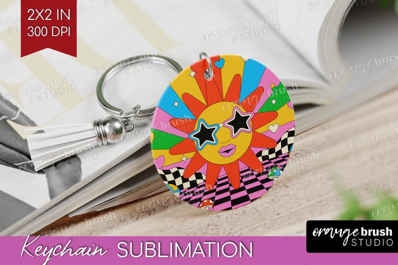 Groovy Summer Keychain Sublimation Bundle. Retro Summer Vibes Keyring, 20 Round Hippie Smiley Flowers Keychain Designs - Digital Download