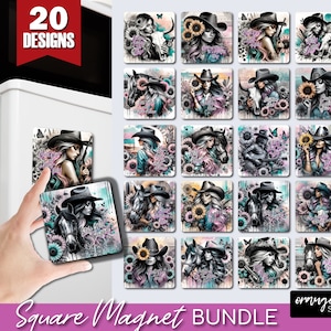May include: A collection of 20 square magnets featuring watercolor illustrations of cowgirls, horses, and sunflowers. The magnets have a vintage aesthetic with a mix of black, white, purple, and turquoise colors. One magnet is held by a hand, showing the text "Stay Wild Forever".