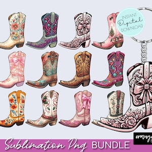 Op de afbeelding: Een set van 10 sublimatieontwerpen met kleurrijke cowboylaarzen met bloemen- en paisleypatronen. De laarzen zijn in verschillende kleuren, waaronder roze, blauw, groen, bruin en rood. De ontwerpen zijn perfect voor het maken van aangepaste T-shirts, mokken, draagtassen en andere gepersonaliseerde items.