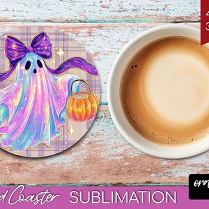 Ghost Halloween Coaster PNG Bundle, Cute Spooky Ghost Round Coaster Sublimation, Trendy Fall Vintage Checkered Iridescent - Digital Download