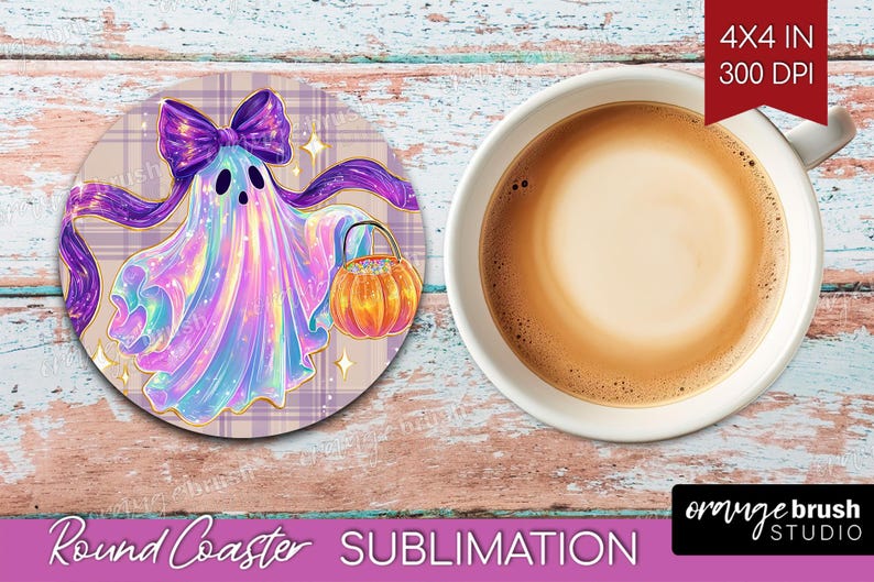 Ghost Halloween Coaster PNG Bundle, Cute Spooky Ghost Round Coaster Sublimation, Trendy Fall Vintage Checkered Iridescent - Digital Download