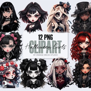 Paquete de sublimación de Halloween - Clipart de chica gótica. Clipart de chica de moda de Halloween espeluznante. Paquete PNG de terror - Descarga digital