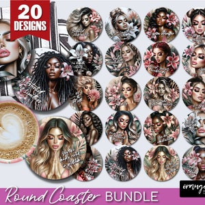 Affirmation Round Coaster Bundle, Self Love Car Coaster Sublimation, Inspirational Quotes, Floral Girl PNG for Crafts - Digital Download