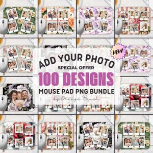 Op de afbeelding: Een set van 100 muismatontwerpen met verschillende bloemenpatronen en fotokaders. De ontwerpen zijn perfect om een ​​persoonlijke touch aan uw werkplek toe te voegen.  Voeg uw foto toe, Speciale aanbieding, 100 ontwerpen, Muismat PNG-bundel, door Orange Brush, NIEUW!