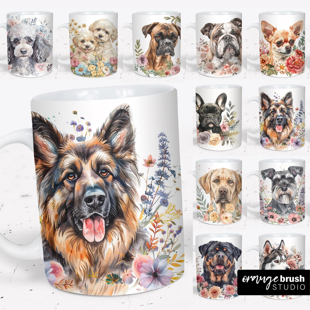 Floral Dog Mug Wrap Bundle, Watercolor Dog Breeds Sublimation Designs ...
