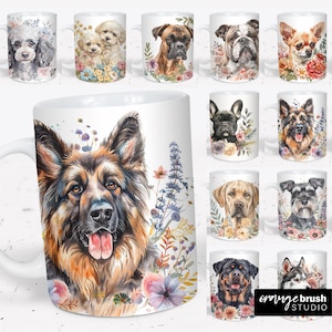 Puede incluir: Tazas de cerámica blanca con retratos en acuarela de varias razas de perros, como caniche, bóxer, bulldog y pastor alemán. Cada taza está adornada con detalles florales, creando un diseño encantador y artístico.