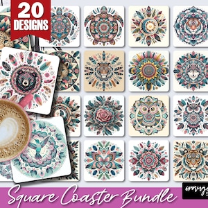 Mandala-onderzetterbundel, Boho Square Coaster-sublimatie, 20 mandala's PNG, Boho-stijl sublimatieonderzetters voor ambachten - digitale download