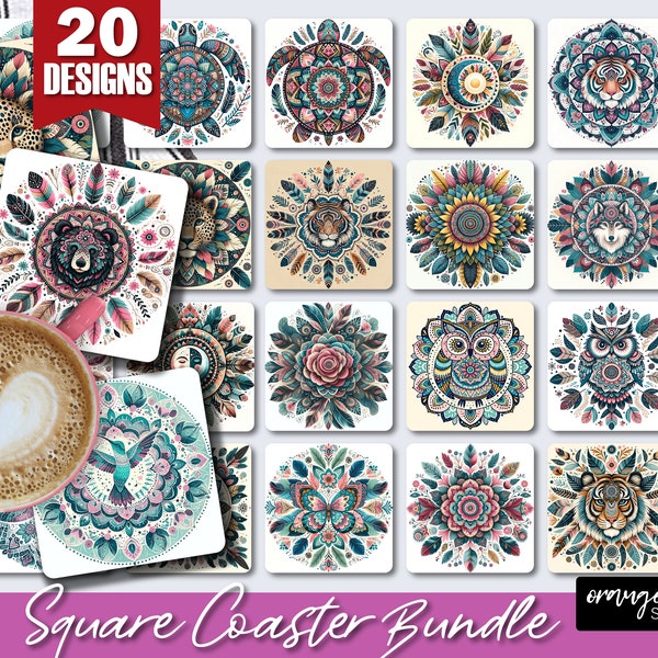 Mandala Coaster Bundle, Boho Square Coaster Sublimation, 20 Mandala PNG, Boho Style Sublimation Coasters for Crafts - Digital Download