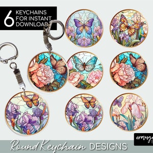 Paquete de llaveros de mariposa, sublimación de vidrieras PNG. Diseños PNG de flores, sublimación de posavasos de coche de verano, 6 llaveros - Descarga digital