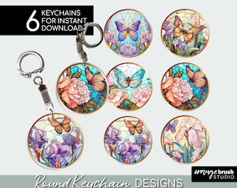 Butterfly Keychain Bundle, Stained Glass Sublimation PNG. Flowers PNG Designs, Summer Car Coaster Sublimation, 6 Keyrings - Digital Download