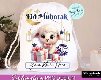 Eid Mubarak Sublimation Design, Ramadan Eid Gift Bag PNG for Kids. Personalized Eid al-Adha Sack PNG Add Your Name - Digital Download