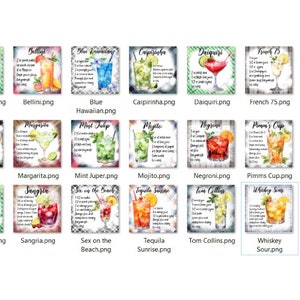 May include: A watercolor illustration of 15 different cocktails, each with a name and recipe. The cocktails are arranged in a grid pattern on a white background.