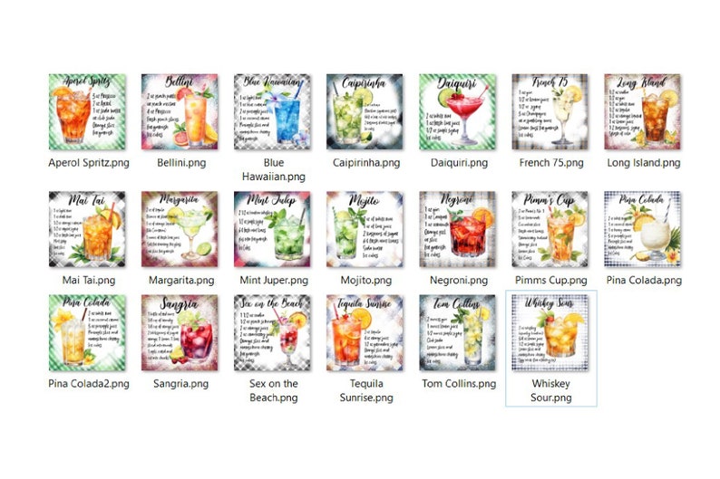 May include: A watercolor illustration of 15 different cocktails, each with a name and recipe. The cocktails are arranged in a grid pattern on a white background.