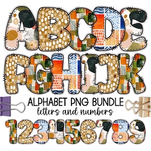 May include: A digital alphabet and number set featuring letters A through K and digits 1 through 9. Each character has a thick black outline with a faux-stitched effect and is filled with various patterns in shades of orange, green, blue, and tan.