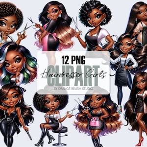 Paquete de imágenes prediseñadas de peluquero: imágenes prediseñadas digitales de chica chibi. Imágenes prediseñadas de peluquería de chica negra, PNG para calcomanías, manualidades y sublimación